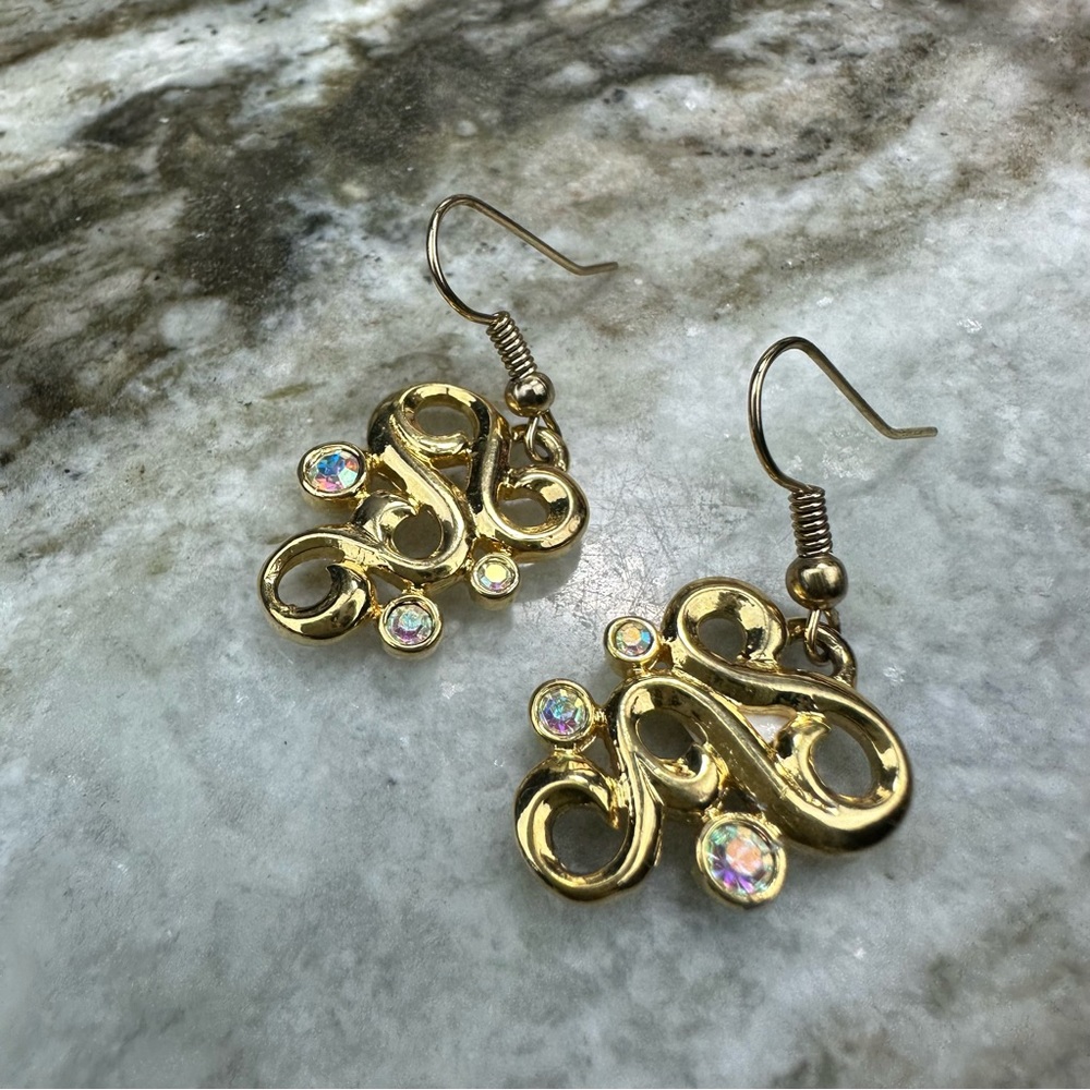 UP SCALE TIME - Handcrafted Gold Tone Iridescent Glass Crystal Swirl Earrings